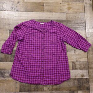 Duluth Trading Organic Cotton Plaid Button Shirt 3/4 Sleeve Women’s 2XL Purple